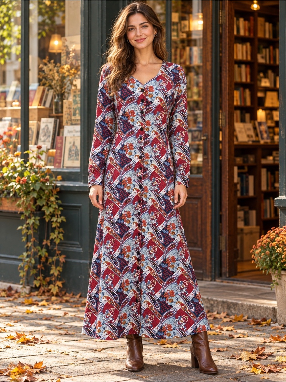 Vintage Erika Burgundy Paisley Button-Front Lace-Up Back Long Sleeve Maxi Dress